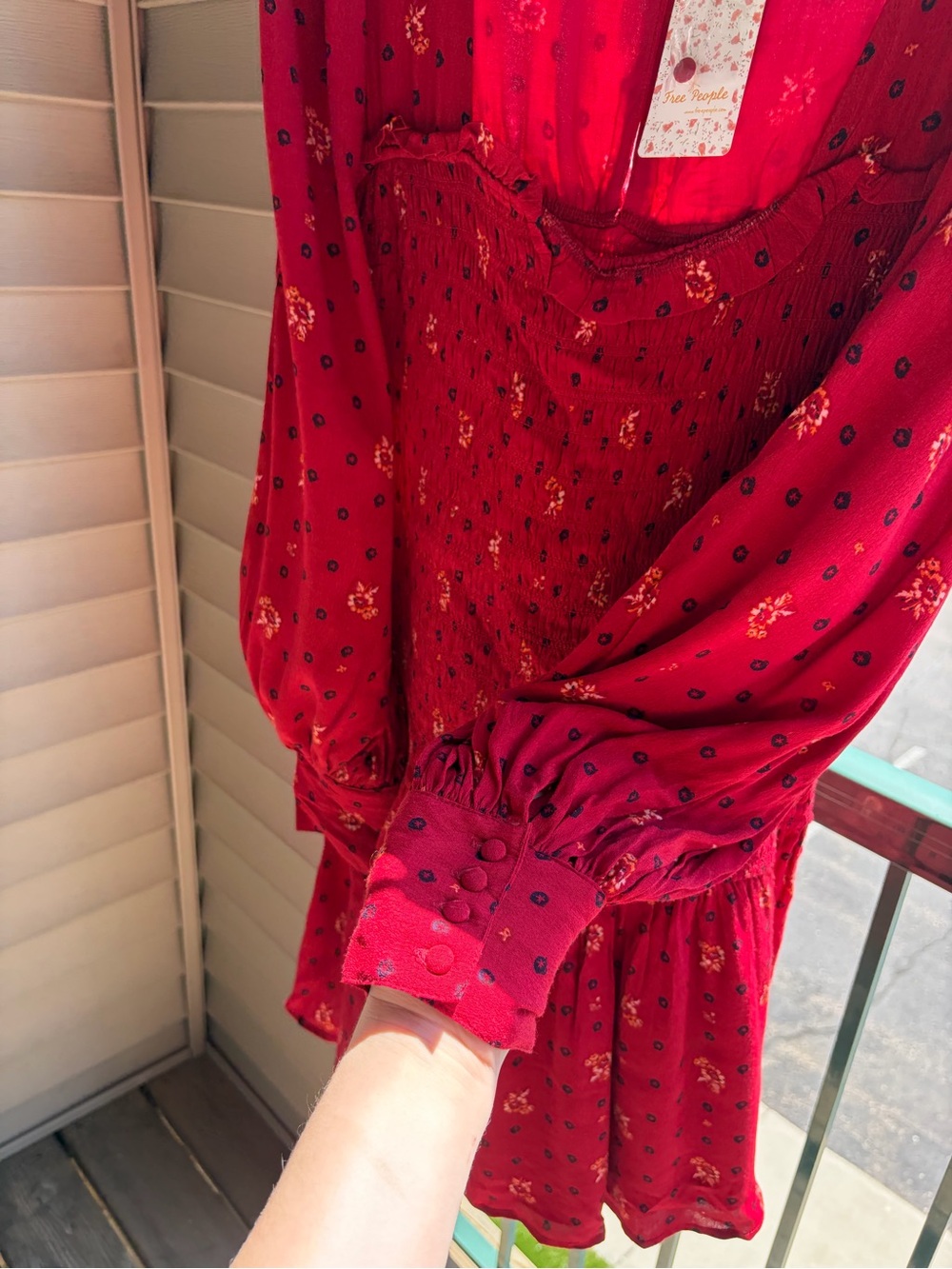🆕🌹Free People Ruby Combo Smocked Mini Dress Boho Long Sleeve Red Floral XL Chic - Picture 17 of 17
